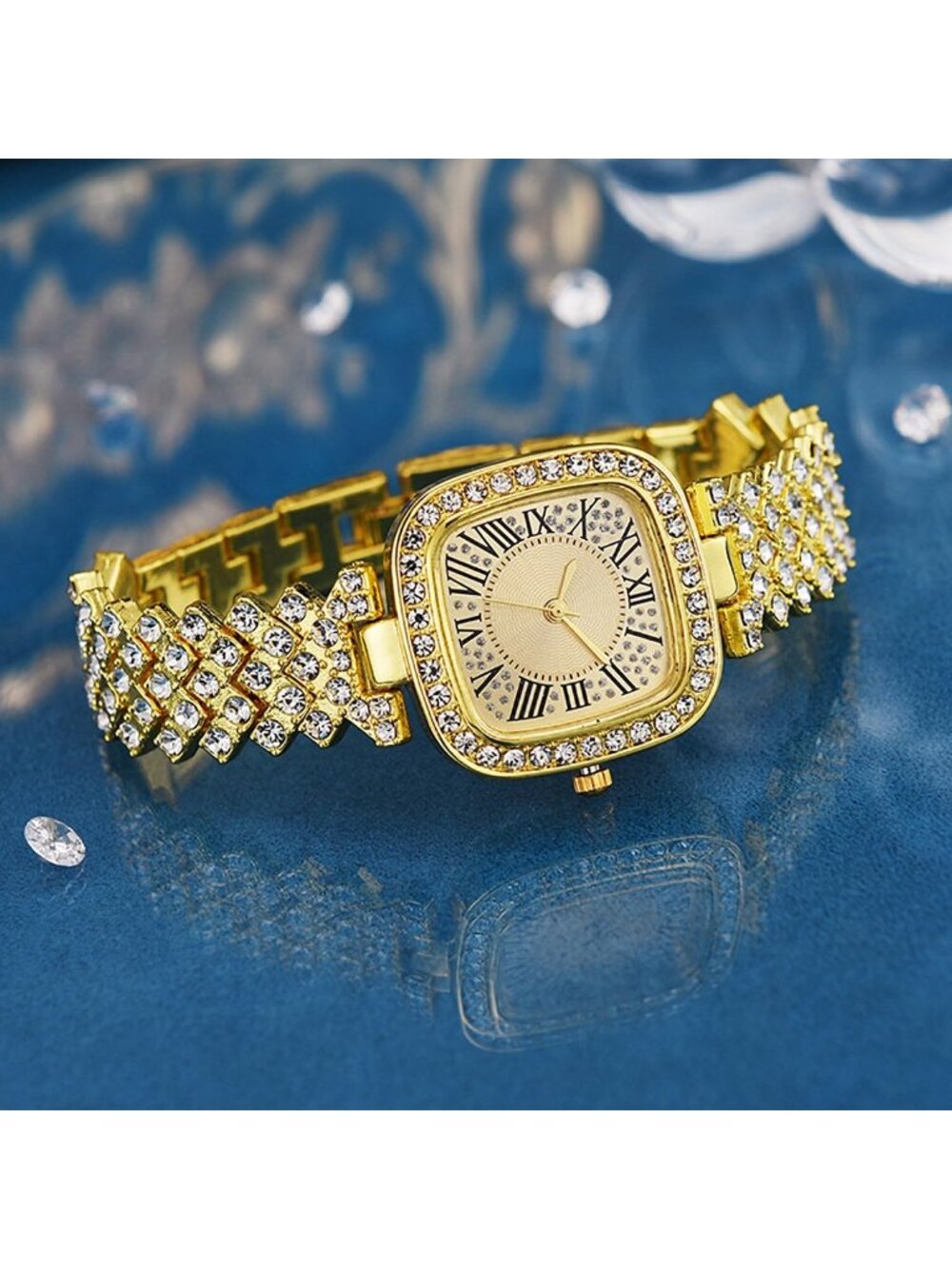 Women's Gold Fashion Luxury Vintage Diamond Square Digital Quartz Watches - Picture 4 of 5